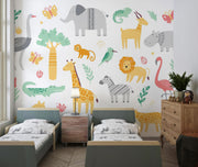 White Safari Animal Pattern Wall Mural – bedroom with twin beds mock-up