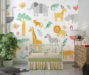 White Safari Animal Pattern Wall Mural – nursery with a cot mock-up