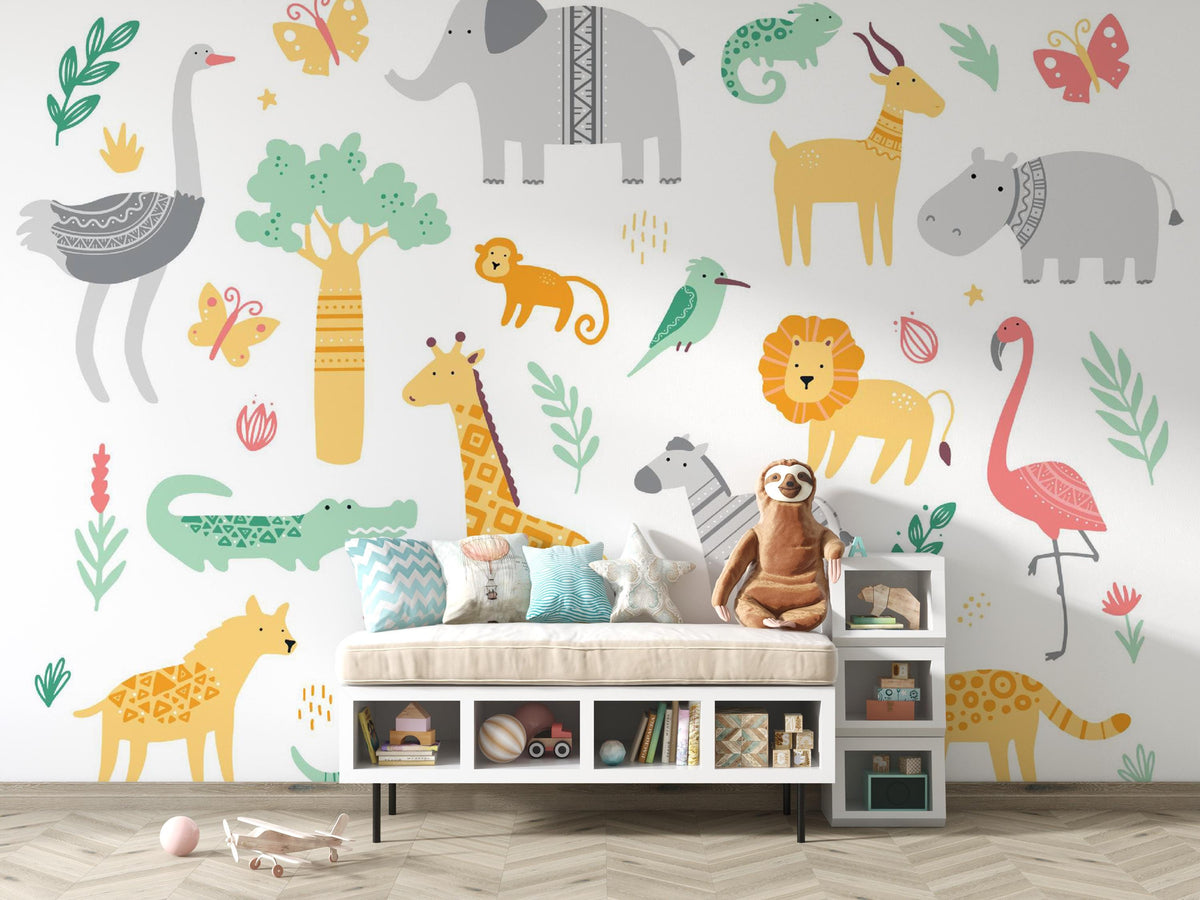 White Safari Animal Pattern Wall Mural – playroom with a storage bench mock-up