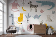 Blush and Mustard Scandi Safari Wall Mural – nursery with a chest of drawers mock-up