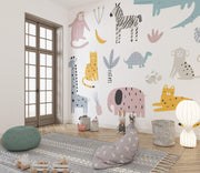 Blush and Mustard Scandi Safari Wall Mural – playroom with floor cushions mock-up