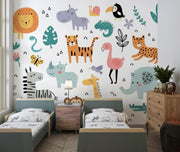 Teal and Coral Jungle Friends Wall Mural – bedroom with twin beds mock-up