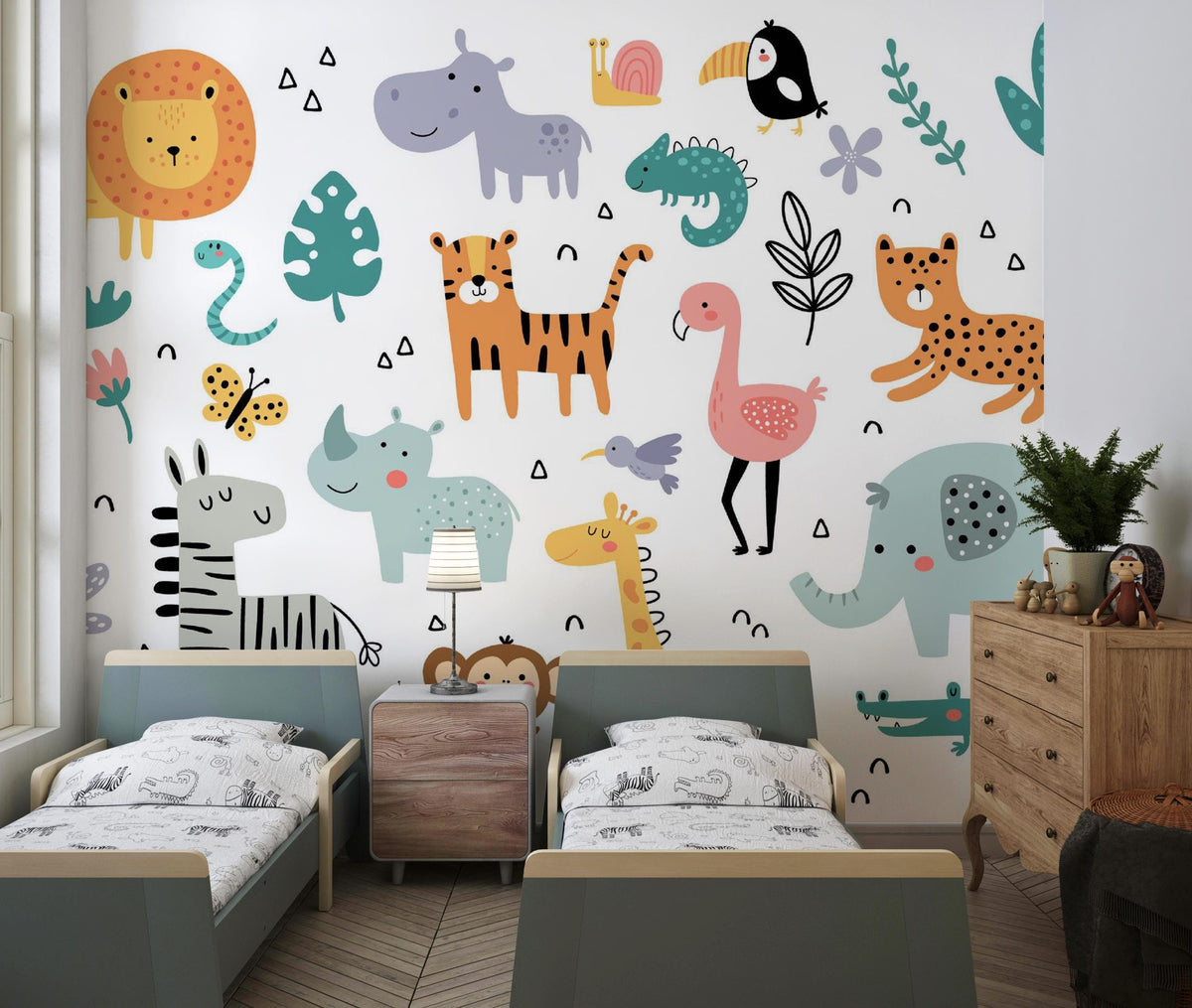 Teal and Coral Jungle Friends Wall Mural – bedroom with twin beds mock-up
