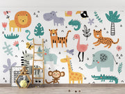 Teal and Coral Jungle Friends Wall Mural – playroom with a wooden ladder mock-up