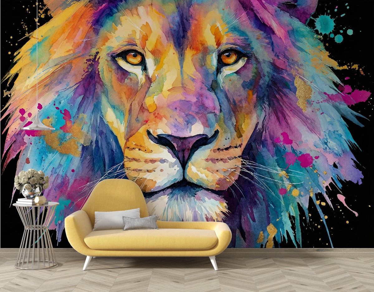 Colourful Watercolour Lion Wall Mural – room illustration 1