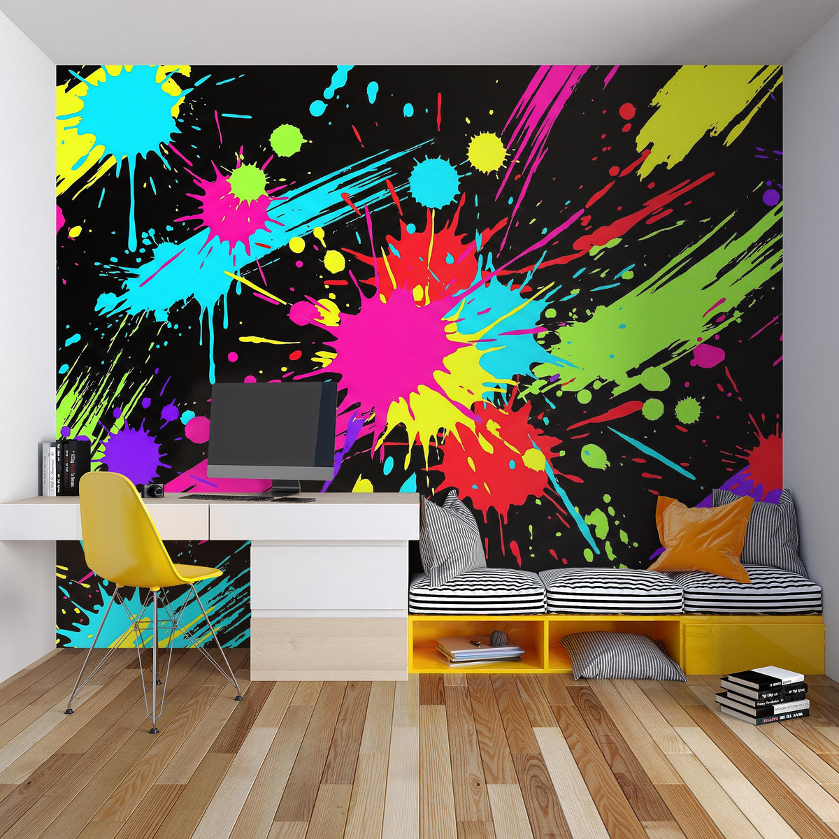 Paint Splatter wall mural with bright neon splashes on black in a modern room