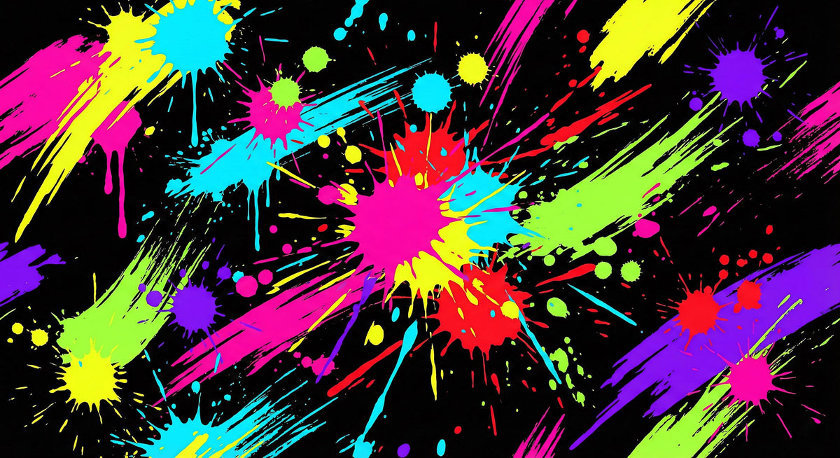 Paint Splatter mural artwork with lime green pink blue and yellow splashes on black