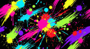 Paint Splatter mural artwork with lime green pink blue and yellow splashes on black