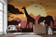 Golden Safari Sunset Silhouette Wall Mural – nursery with a chest of drawers mock-up