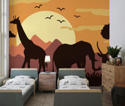 Golden Safari Sunset Silhouette Wall Mural – bedroom with twin beds mock-up