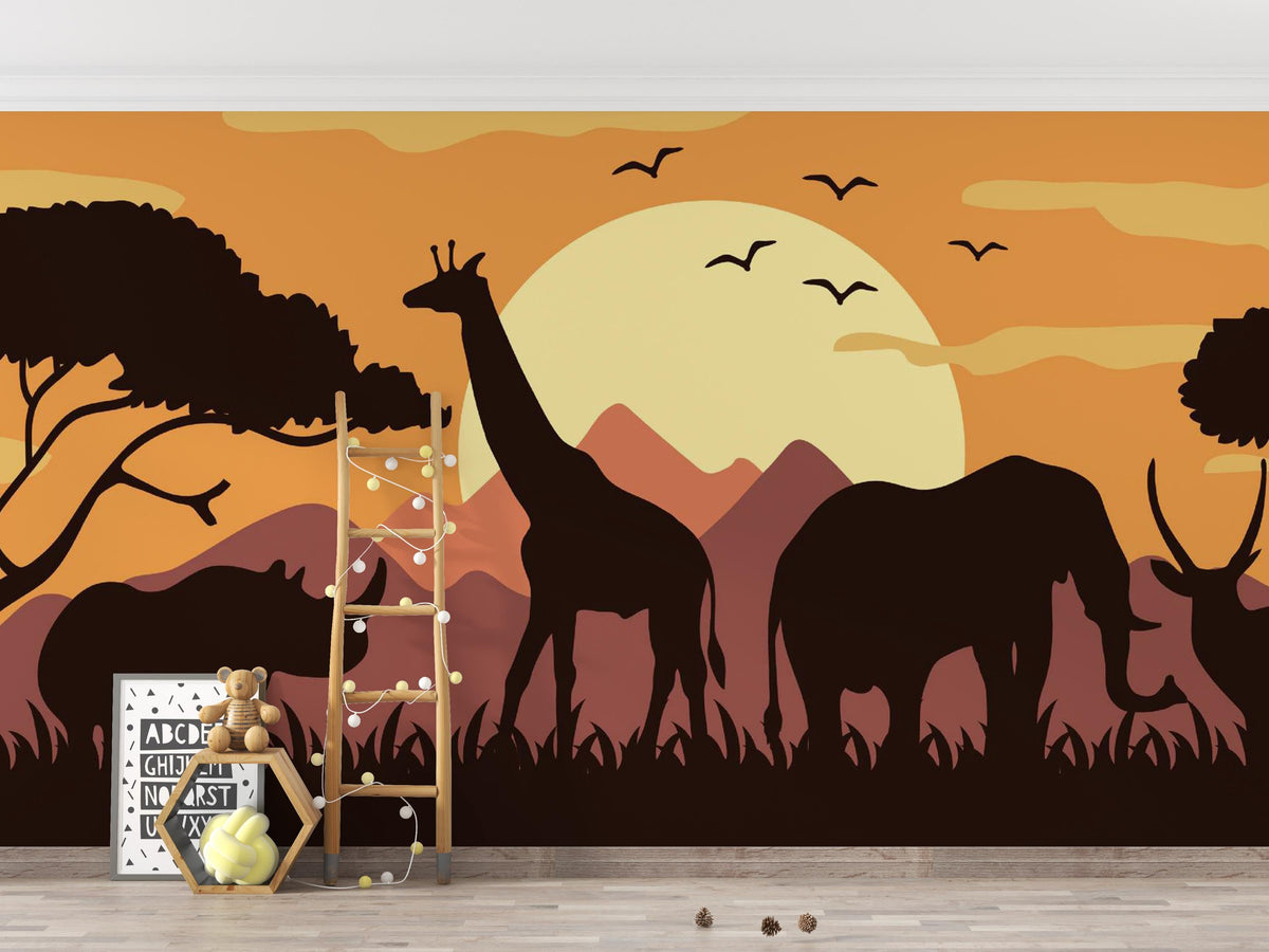 Golden Safari Sunset Silhouette Wall Mural – playroom with a wooden ladder mock-up