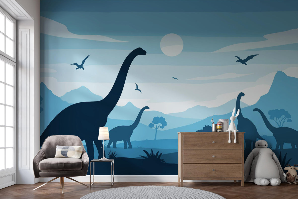 Blue Dinosaur Landscape Wall Mural – room illustration 1