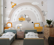 Beige Construction Rainbow Wall Mural – bedroom with twin beds mock-up
