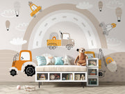 Beige Construction Rainbow Wall Mural – playroom with a cushioned storage bench mock-up