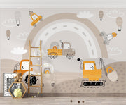 Beige Construction Rainbow Wall Mural – playroom with a wooden ladder and books mock-up
