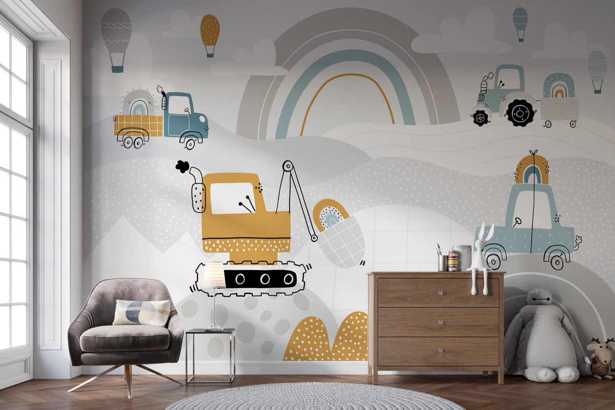 Blue and Mustard Construction Rainbow Wall Mural – room with an armchair and chest of drawers mock-up