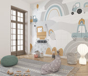 Blue and Mustard Construction Rainbow Wall Mural – reading nook with floor cushions mock-up