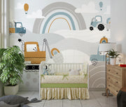 Blue and Mustard Construction Rainbow Wall Mural – nursery with a cot and wooden chest mock-up