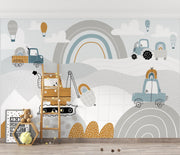 Blue and Mustard Construction Rainbow Wall Mural – playroom with a wooden ladder and books mock-up