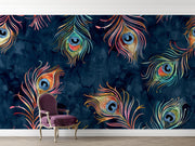 Navy Watercolour Peacock Feather Wall Mural – room with a purple chair mock-up