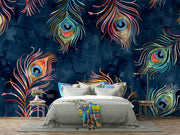 Navy Watercolour Peacock Feather Wall Mural – bedroom with a pale bed and colourful cushions mock-up