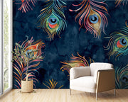 Navy Watercolour Peacock Feather Wall Mural – room with a cream armchair mock-up