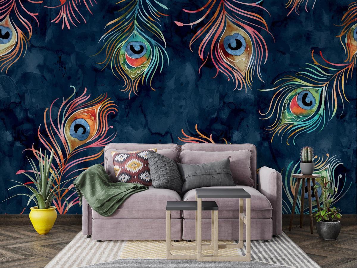 Navy Watercolour Peacock Feather Wall Mural – living room with a mauve sofa mock-up