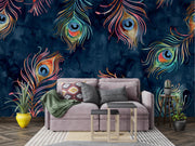 Navy Watercolour Peacock Feather Wall Mural – living room with a mauve sofa mock-up
