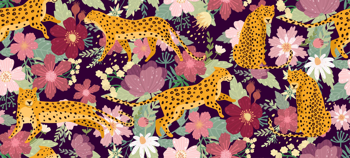 Aubergine Floral Leopard Wall Mural – clean leopard and floral artwork