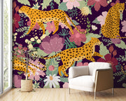 Aubergine Floral Leopard Wall Mural – room with a cream armchair mock-up