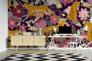 Aubergine Floral Leopard Wall Mural – home office with white desk mock-up