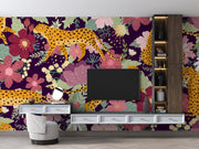 Aubergine Floral Leopard Wall Mural – living room with a television mock-up