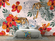 Blush Tropical Tiger and Hibiscus Wall Mural – bedroom with a pale bed and colourful cushions mock-up