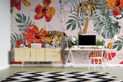 Blush Tropical Tiger and Hibiscus Wall Mural – workspace with pale wood furniture and a geometric rug mock-up