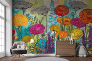 Colourful Wildflower Field Wall Mural – room with an armchair and chest of drawers mock-up