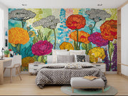 Colourful Wildflower Field Wall Mural – bedroom with a patterned duvet and desk mock-up