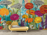 Colourful Wildflower Field Wall Mural – room with a yellow chaise longue mock-up