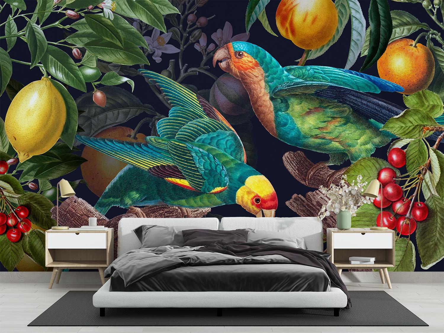 Bedroom with a colorful parrot and fruit wallpaper