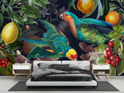 Bedroom with a colorful parrot and fruit wallpaper