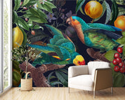 Wall mural with parrots and fruits in a living room setting
