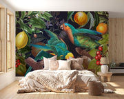 Bedroom with a large wall mural of birds and fruit