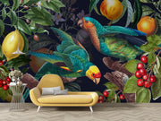 Wallpaper with parrots and fruits in a room with a yellow sofa.