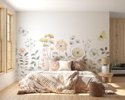 Bedroom with floral wall decals and soft lighting