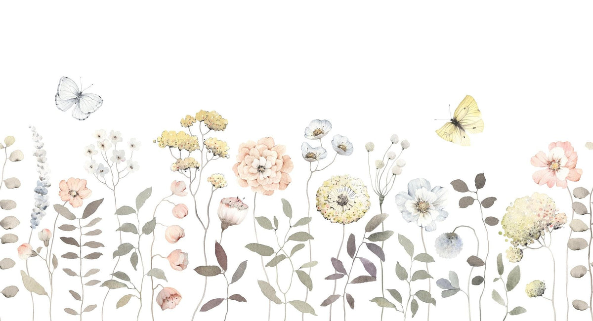 Illustration of flowers and butterflies on a white background