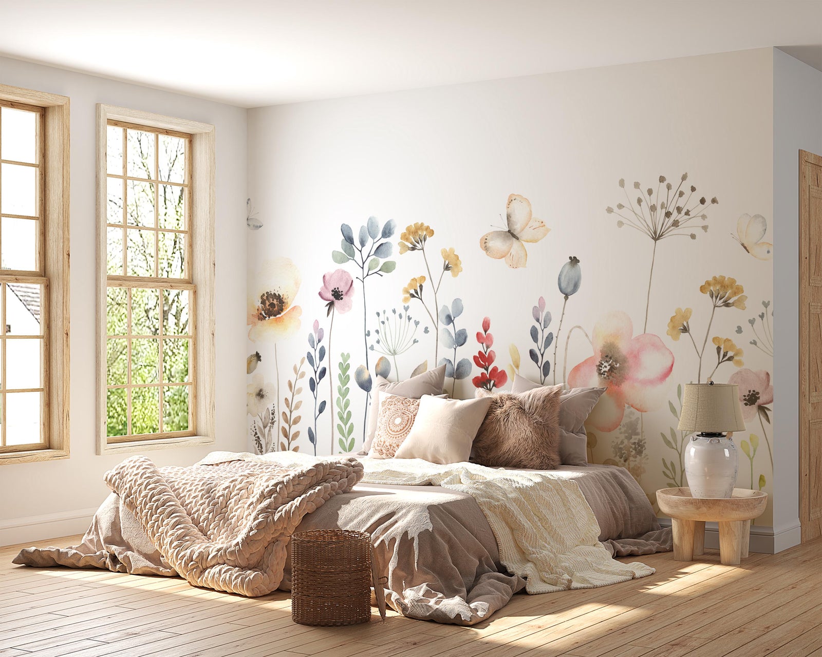 Bedroom with floral wall decals and natural light