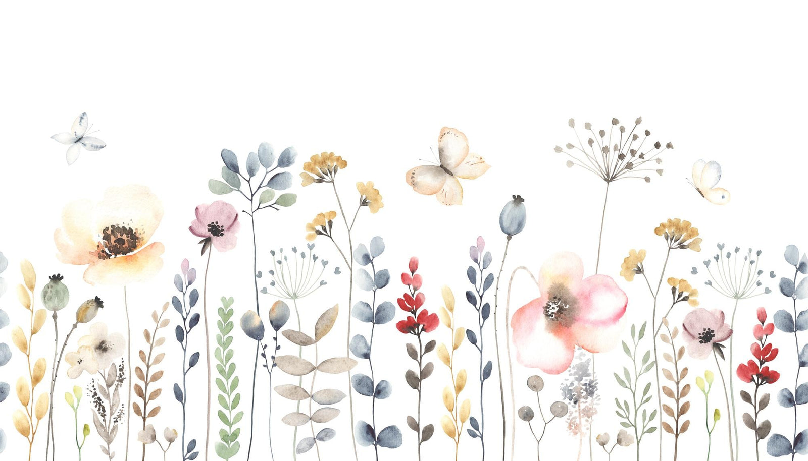 Illustration of various flowers and butterflies on a white background