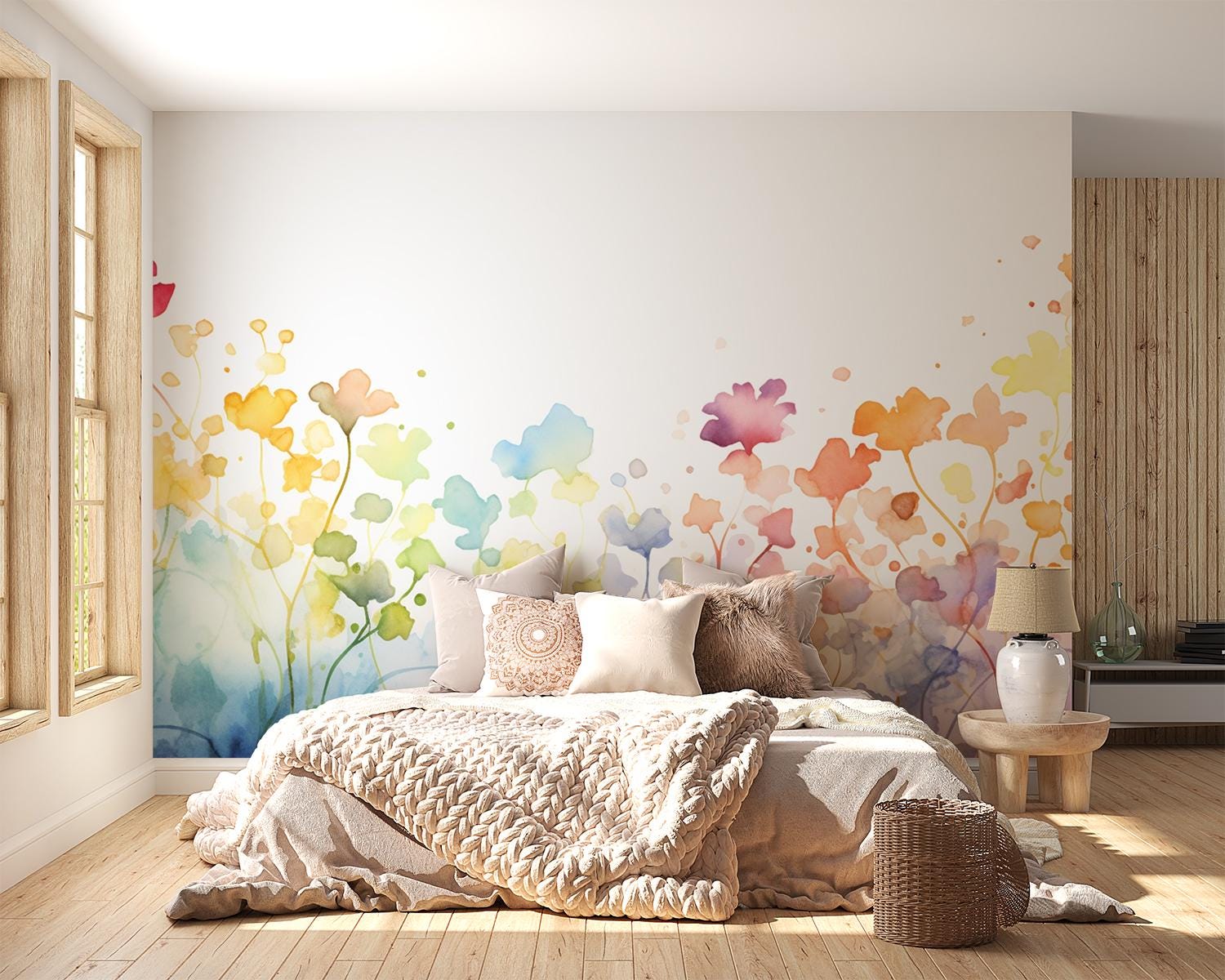 Bedroom with colorful floral wall mural and wooden flooring
