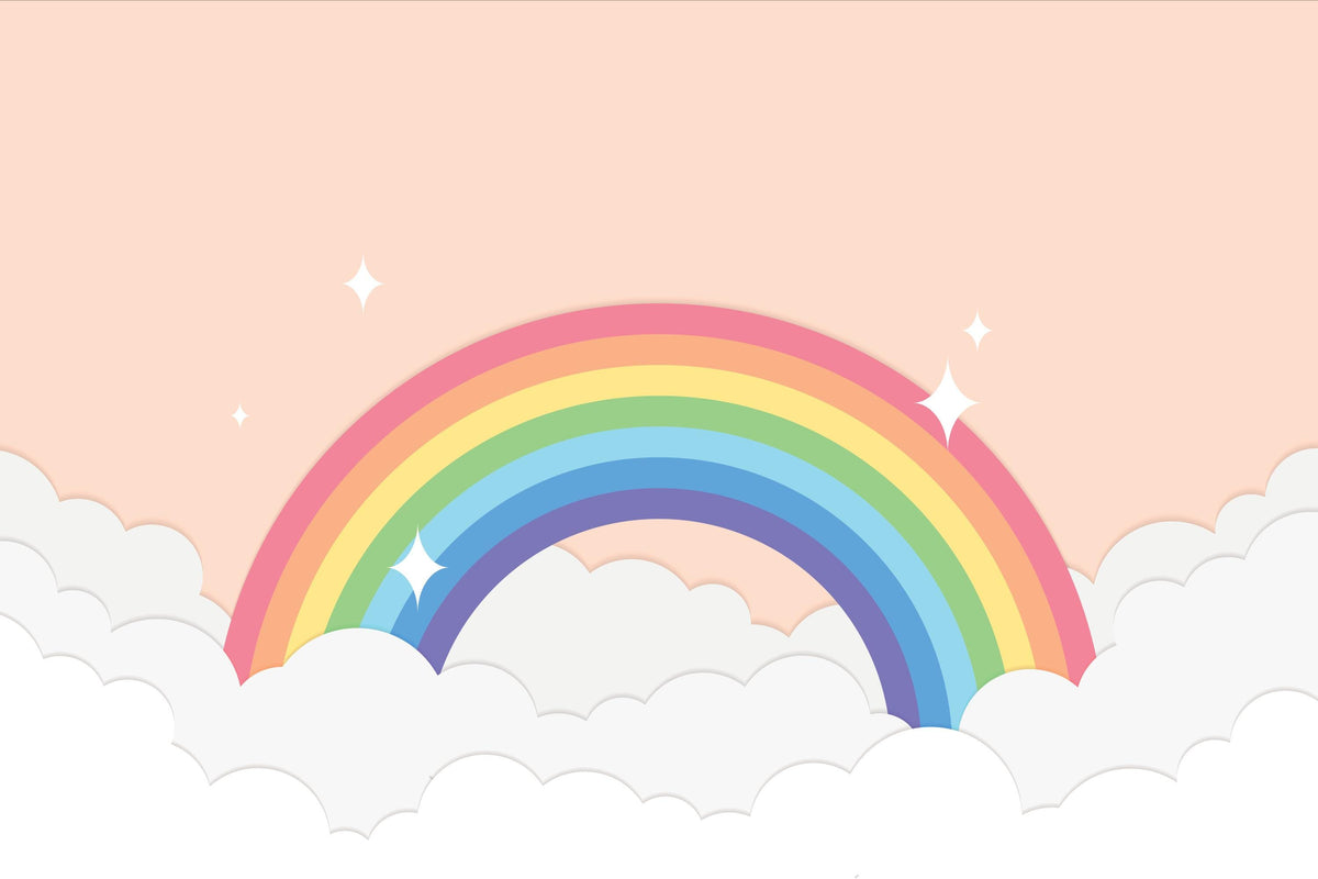 Rainbow and clouds on a pink background