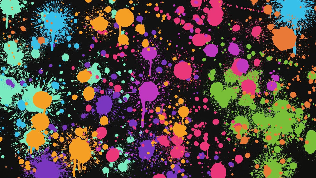 Neon Splatter graffiti mural artwork with bright multicolour paint splashes on black