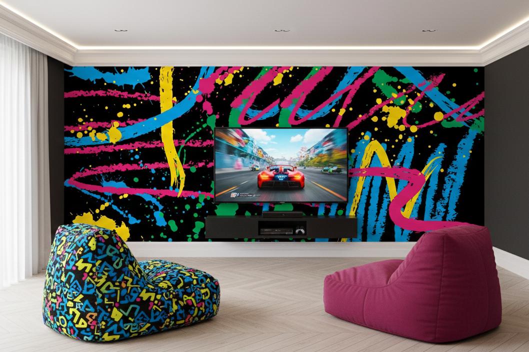 Neon Graffiti wallpaper mural with bright colourful brushstrokes on a black background in a gaming room